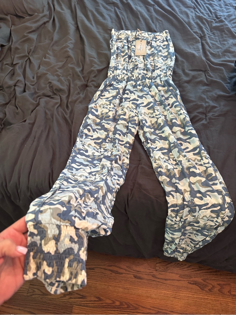 Skemo Blue & White Camo Strapless Jumpsuit